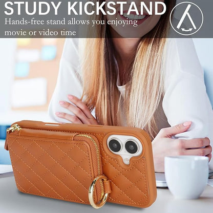Crossbody Wallet Case for iPhone 17, PU Leather Zipper Handbag Purse Flip Cover, Kickstand Folio Case with Card Slots Holder Wrist Strap Lanyard 5G 6.3 Inch-Brown