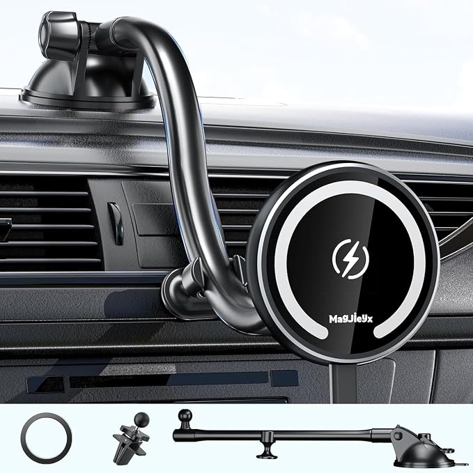 Fits Car Mount Wireless Charger, Gooseneck Long Arm Suction Cup, Fast Charging Strong Magnets Car Phone Holder,Dash/Vent/Windshield for iPhone 15/14/13/12,Pro Max,Plus,Mini,MagSafe Case