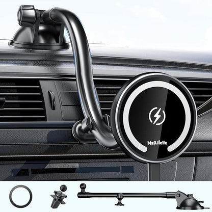 Fits Car Mount Wireless Charger, Gooseneck Long Arm Suction Cup, Fast Charging Strong Magnets Car Phone Holder,Dash/Vent/Windshield for iPhone 15/14/13/12,Pro Max,Plus,Mini,MagSafe Case