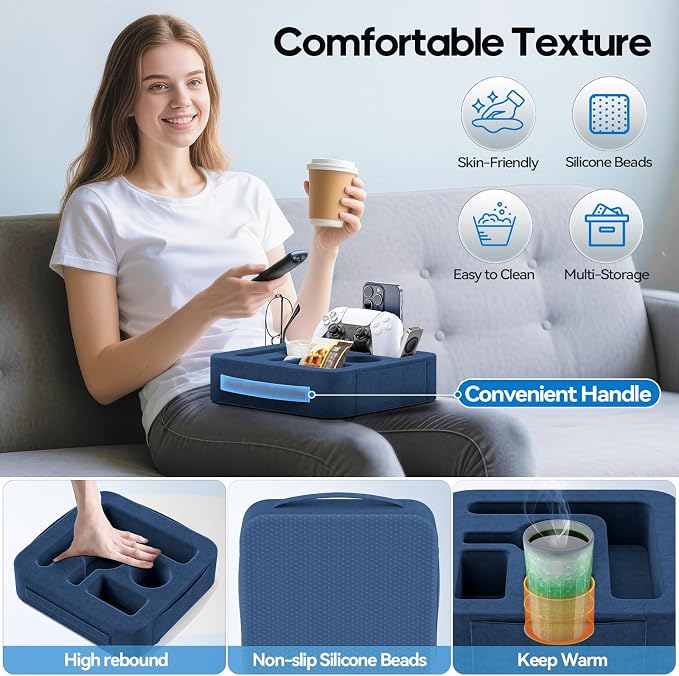Couch Cup Holder Pillow, Sofa and Bed Caddy for iPad, Kindle, Switch, Game Controller, Remotes, Phones, Small-Sized Cup and Drink Holder for Couch, Bed, Desk, Car, Beach, Bathroom Cup Holder, Blue