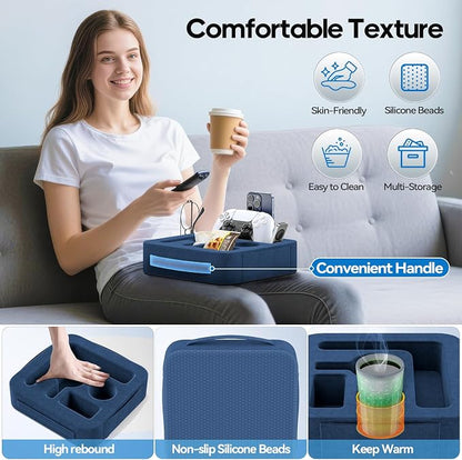 Couch Cup Holder Pillow, Sofa and Bed Caddy for iPad, Kindle, Switch, Game Controller, Remotes, Phones, Small-Sized Cup and Drink Holder for Couch, Bed, Desk, Car, Beach, Bathroom Cup Holder, Blue