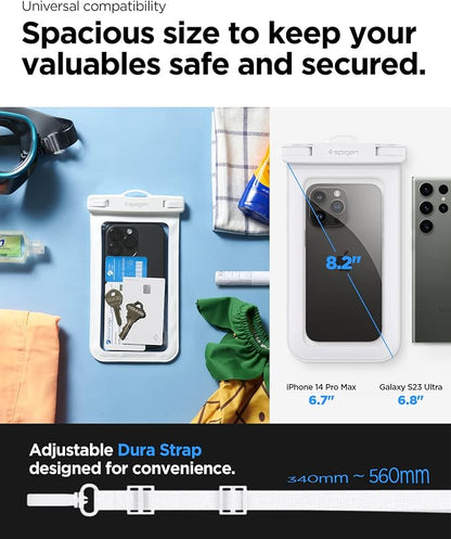 Spigen AquaShield Universal Waterproof Phone Pouch, Waterproof Phone Case, PVC Protective Dry Bag Cases with IPX8 A601 Compatible with iPhone, Galaxy, Google (Pack of 1) - Transparent White