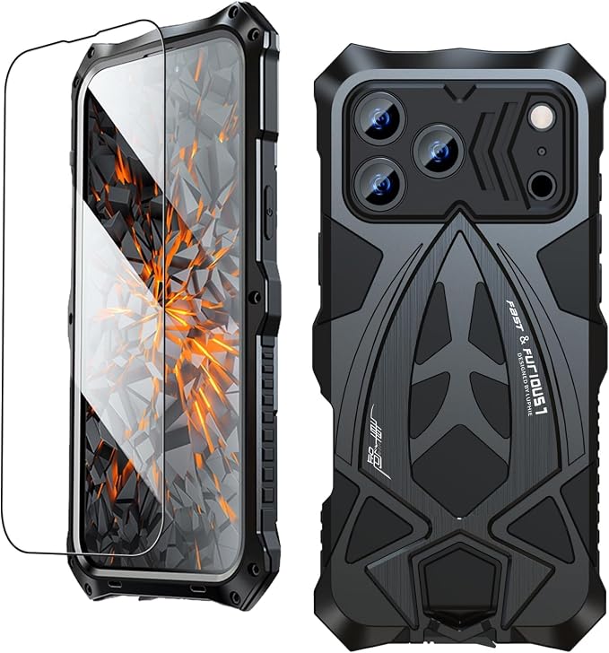 Armor Phone Case for iPhone 17 Pro Max Military Grade Cover 360 Full Protection Heavy Duty Hybrid Metal Bumper Built-in Silicone Shockproof with Screen Protector - Black