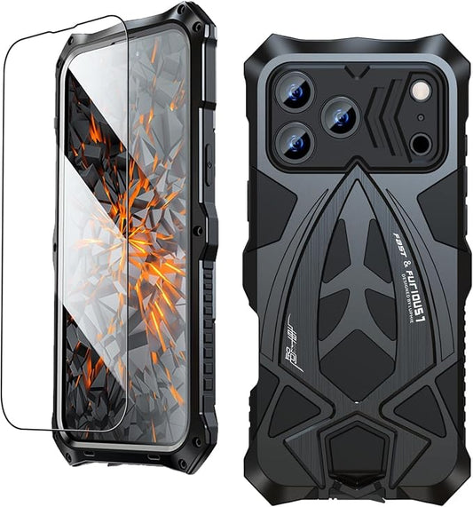 Armor Phone Case for iPhone 17 Pro Max Military Grade Cover 360 Full Protection Heavy Duty Hybrid Metal Bumper Built-in Silicone Shockproof with Screen Protector - Black