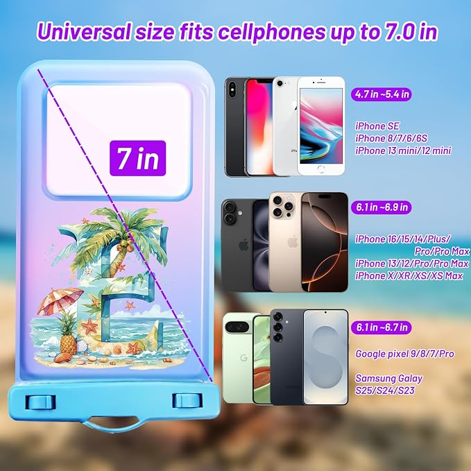 Personalized Initial Waterproof Phone Pouch Case - IPX8 Cellphone Dry Bag with Lanyard for iPhone 16/15/14/13/12 Pro Max (6.1–6.9"), Beach & Cruise Ship Essentials with Monogrammed Design (Blue, E)