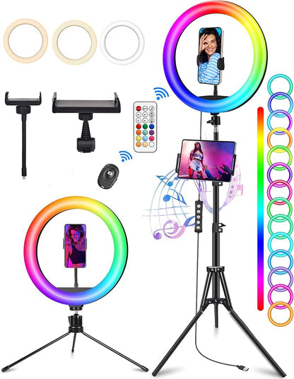 STALLY 13.3" Ring Light with Stand, Music Mode, 75" Tall with 3 Phone Holder, 3 CCT Modes & 48 RGB Color Modes, Ring Light Tripod for iPhone with Wireless Remote, Great for Photograph/Makeup/TikTok