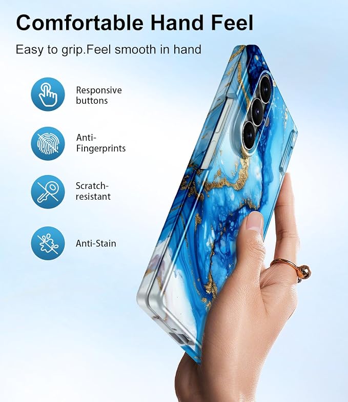Btscase for Samsung Galaxy Z Fold 7 Case,Built in Front Screen Protector,Gold Glitter Marble Pattern Hard PC Slim Shockproof Full Body Drop Protective Case for Galaxy Z Fold 7 5G, Blue