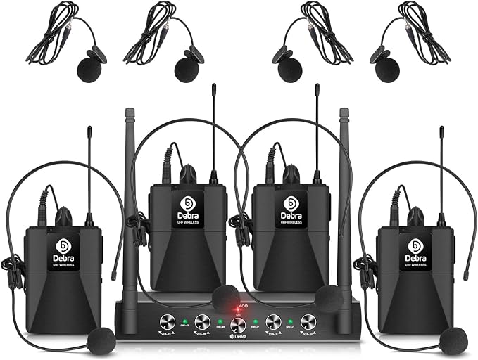 D Debra Audio AU400 Pro UHF 4 Channel Wireless Microphone System with Cordless Handheld Lavalier Headset Mics, Metal Receiver, Ideal for Karaoke Church Party (with 4 Bodypack (B))