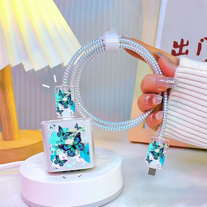 CameCosy Cute Phone Charger Case Storage Set with Lovely Butterfly Cable Protector, Carrying Case Bag, Cable Organizer, USB Earphone Wire Saver Charger Protector for iPhone (Bright Blue)