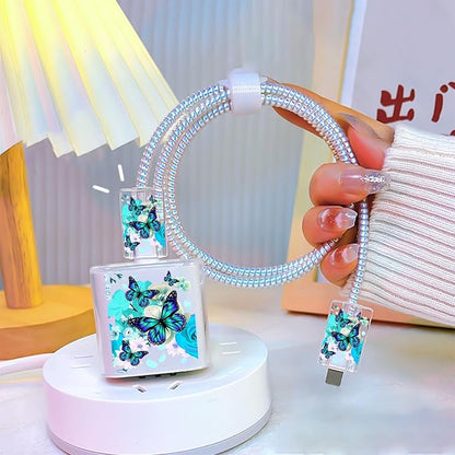 CameCosy Cute Phone Charger Case Storage Set with Lovely Butterfly Cable Protector, Carrying Case Bag, Cable Organizer, USB Earphone Wire Saver Charger Protector for iPhone (Bright Blue)