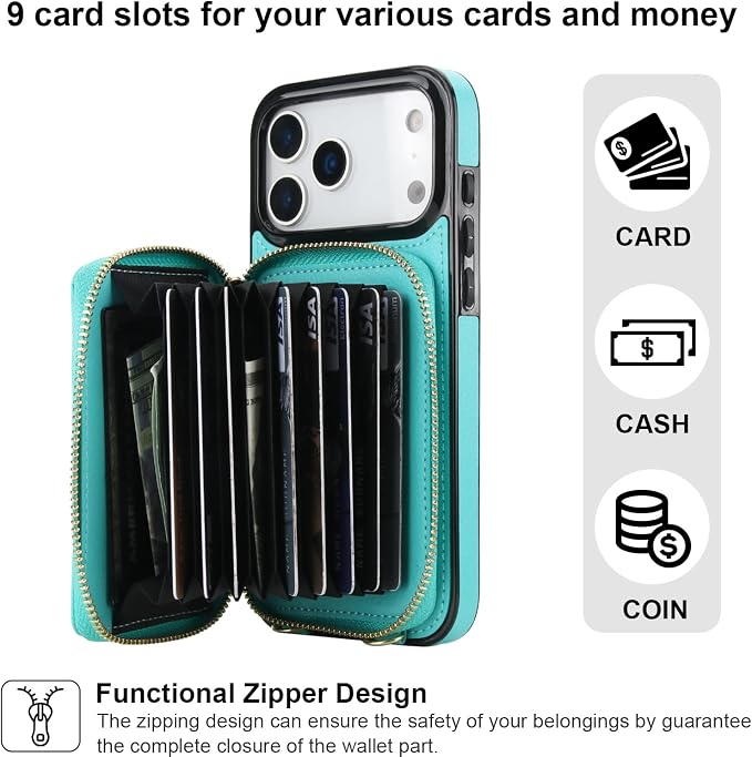 Bocasal Crossbody Wallet Case for iPhone 17 Pro Max, RFID Blocking Leather Purse Case with Card Holder, Protective Handbag Flip Cover with Zipper Wrist Strap Lanyard for Women 5G 6.9 Inch (Mint Green)