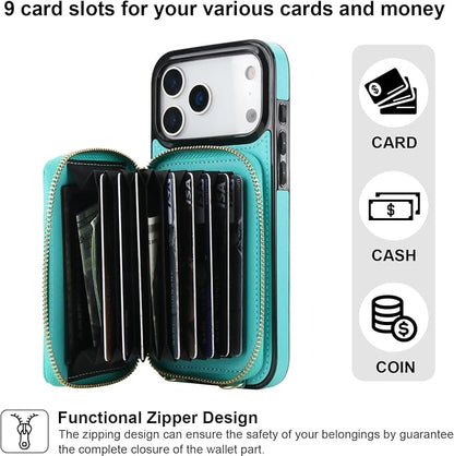Bocasal Crossbody Wallet Case for iPhone 17 Pro Max, RFID Blocking Leather Purse Case with Card Holder, Protective Handbag Flip Cover with Zipper Wrist Strap Lanyard for Women 5G 6.9 Inch (Mint Green)