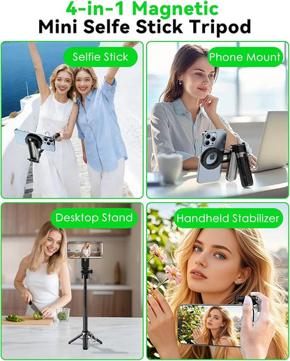 CloudValley Magnetic 4-in-1 Multifunctional Selfie Stick Tripod, Mini Portable Pocket Phone Stand with Detachable Remote, Compatible with MagSafe, for iPhone/Android, Travel Vlog, Live Stream, Black