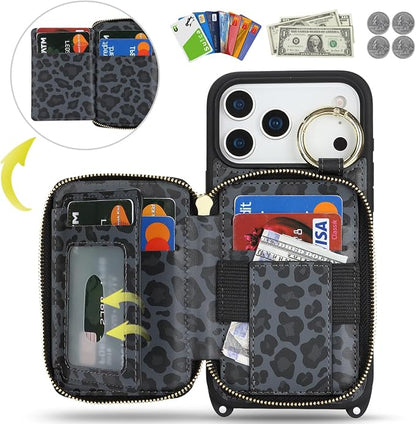 Crossbody Wallet Case for iPhone 17 Pro Max, PU Leather Zipper Handbag Purse Flip Cover, Kickstand Folio Case with Card Slots Holder Wrist Strap Lanyard 5G 6.9 Inch-Black Leopard