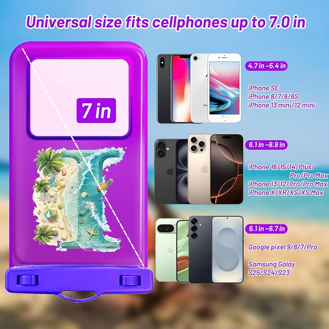 Personalized Initial Waterproof Phone Pouch Case - IPX8 Cellphone Dry Bag with Lanyard for iPhone 16/15/14/13/12 Pro Max (6.1–6.9"), Beach & Cruise Ship Essentials with Monogrammed Design (Purple, I)