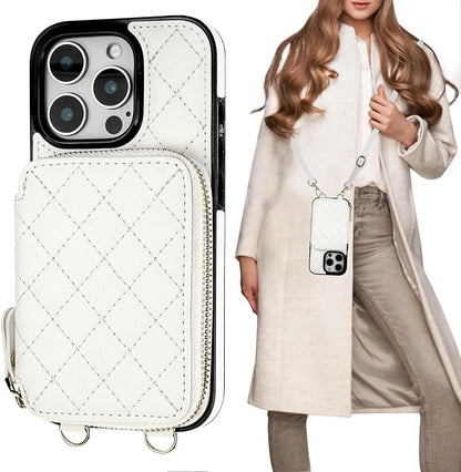 Bocasal Crossbody Wallet Case for iPhone 16 Pro, RFID Blocking PU Leather Zipper Handbag Purse Flip Cover, Kickstand Folio Case with Card Slots Holder Wrist Strap Lanyard 5G 6.3 Inch (White)