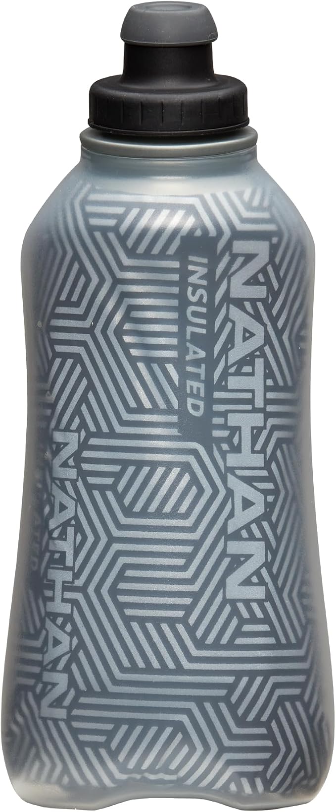 Nathan SpeedDraw 2 Insulated Handheld Running Water Bottle Flask – Double-Wall Insulation, Ergonomic Grip, Blast Valve Cap, Phone & Key Storage Pockets, Reflective Design - 18oz Insulated - Black