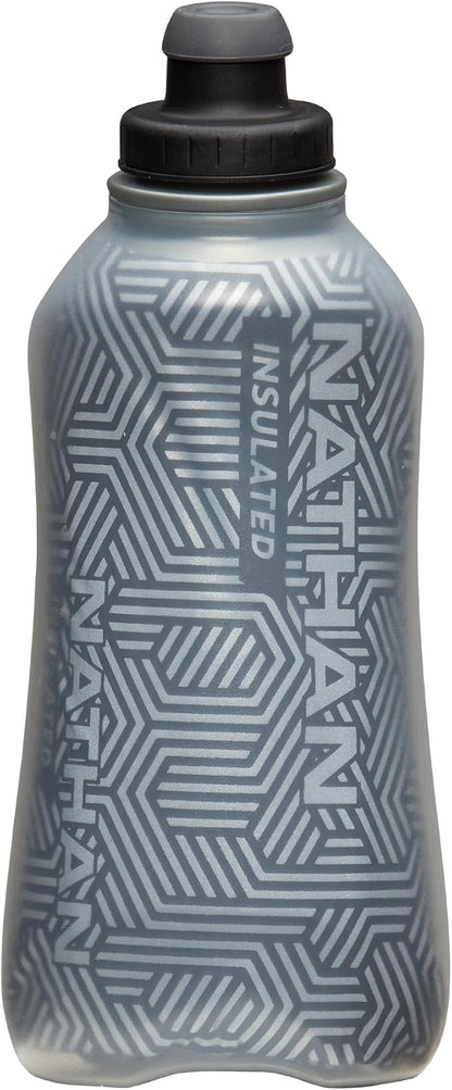 Nathan SpeedDraw 2 Insulated Handheld Running Water Bottle Flask – Double-Wall Insulation, Ergonomic Grip, Blast Valve Cap, Phone & Key Storage Pockets, Reflective Design - 18oz Insulated - Black