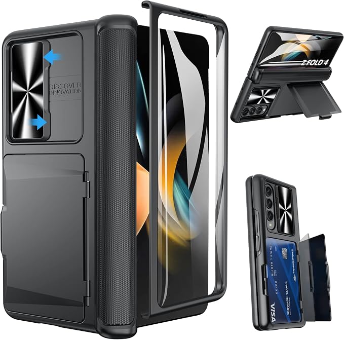 Viaotaily for Galaxy Z Fold 4 Case with Card Holder & Hinge Protection & Slide Camera Lens Cover & Screen Protector, Durable Sturdy Phone Case for Galaxy Z Fold 4 5G 2022 (Black)