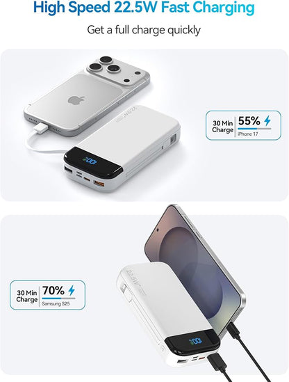 Portable Charger Power Bank 32000mAh with Built in Cables, PD3.0 USB C Fast Phone Charger, 5 Outputs LCD Display Travel Battery Pack Compatible with iPhone, Samsung All Cell Phones (White)