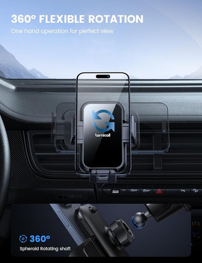 Lamicall 2026 Wider Clamp & Metal Hook Car Phone Holder Vent [Thick Cases Friendly] Phone Holders for Your Car Mount Automobile Hands Free Cradle Air Vent for iPhone 17 16 15 Pro Max Lucite Black