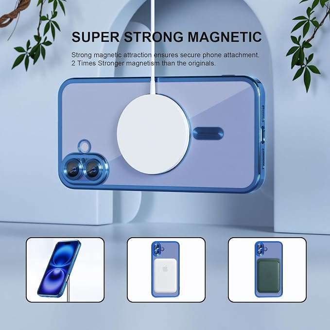 Misea Magnetic for iPhone 16 Case Compatible with MagSafe [Never Yellowing] [Military Grade Drop Protection] Full Camera Lens Protector Plating Soft Clear Phone Case for Women 6.1 inch, Deep Blue