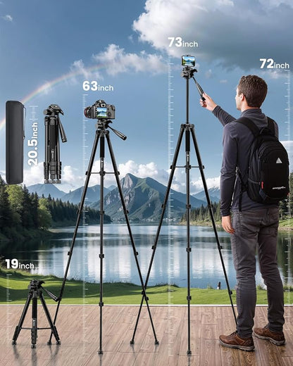 73" Camera Tripod Stand, Aluminum Tripod with Phone Holder, Travel Bag, Compatible with GoPro/DSLR/Cell Phone/Camcorder, Max Load 8.8LB (Black)