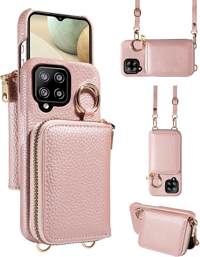 Wallet Case for Samsung Galaxy A22 4G 6.4 inch with Shoulder Strap Ring Buckle, PU Leather Zipper Organ Purse, Credit Card Holder Stand Phone Cover for M32 M22 F22 A 22 22A G4 Women Rose Gold