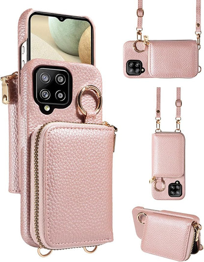 Wallet Case for Samsung Galaxy A22 4G 6.4 inch with Shoulder Strap Ring Buckle, PU Leather Zipper Organ Purse, Credit Card Holder Stand Phone Cover for M32 M22 F22 A 22 22A G4 Women Rose Gold