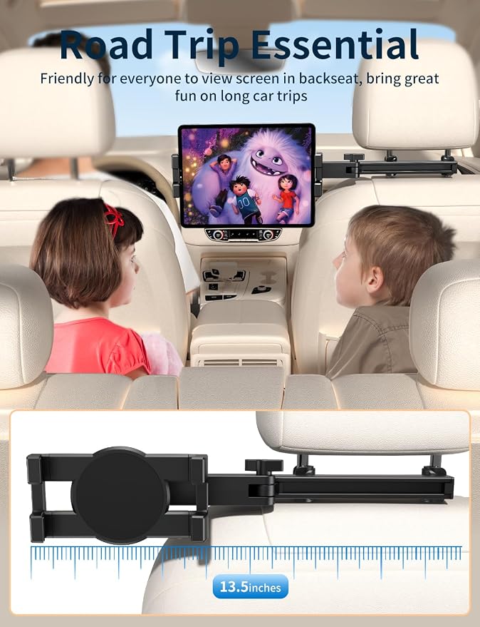 Tablet Holder for Car Headrest, [3 in 1 Adjustable Extension Arm] iPad Car Mount for Back Seat, Road Trip Essentials for Kids, for 4.7-12.9" Like iPad Pro, Air, Mini, Galaxy, Fire HD Tablet