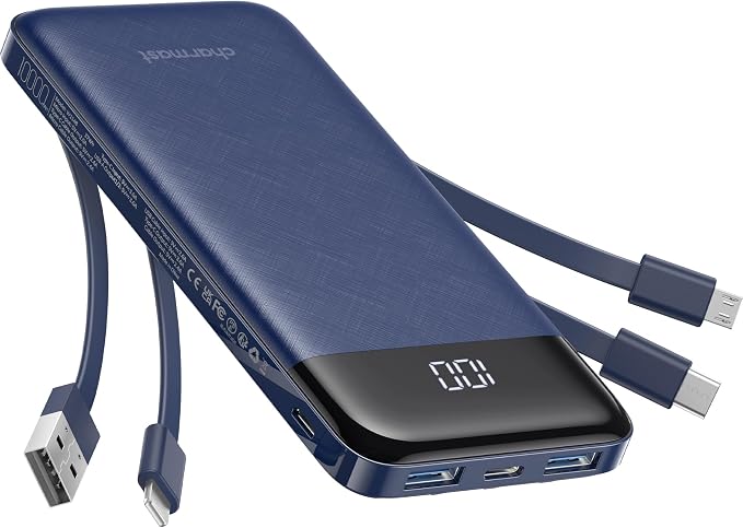 charmast 10000mAh Portable Charger,Built-in 4 Cables,6 Outputs/3 Inputs,3A Fast Charging,Compatible with iPhone,iPad,Samsung,Pixel,LG
