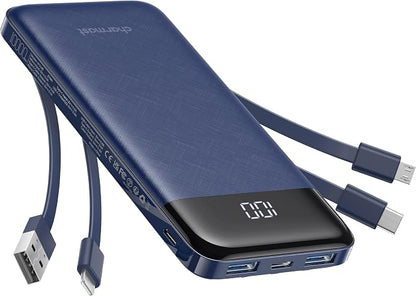 charmast 10000mAh Portable Charger,Built-in 4 Cables,6 Outputs/3 Inputs,3A Fast Charging,Compatible with iPhone,iPad,Samsung,Pixel,LG