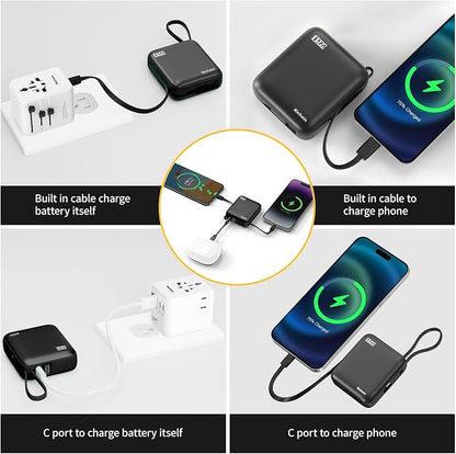 Hichain Small Portable Charger Mini Power Bank 10000mAh 22.5W Black | Built in Cables & LED Display USB-C Fast Charging Battery Pack, Travel Essential Power Bank for iPhone, iPad, Android