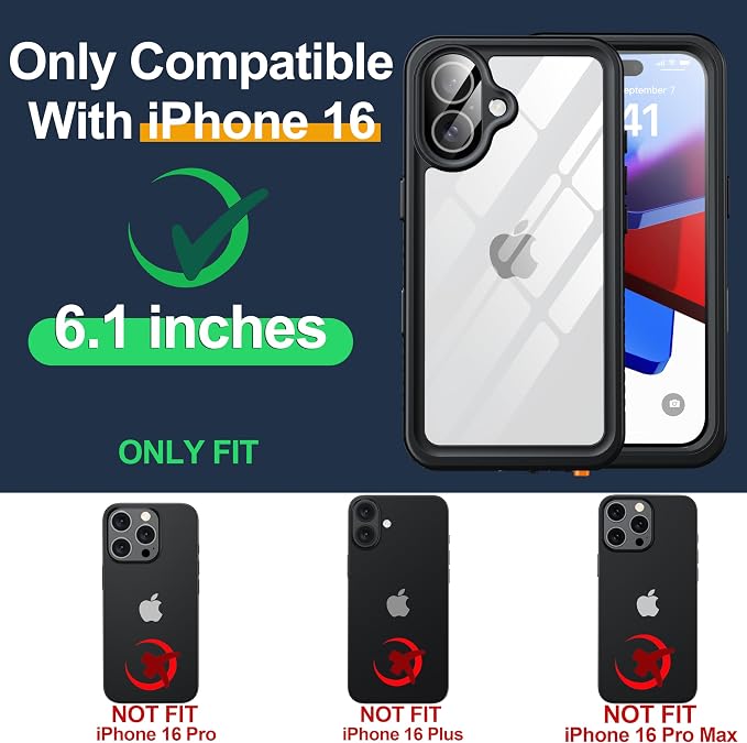 ANTSHARE for iPhone 16 Case Waterproof, IP68 Underwater Built-in Lens & Screen Protector, [Full Body Shockproof] [Dustproof] [Snowproof] Protective iPhone 16 Case 6.1'' - Black/Clear