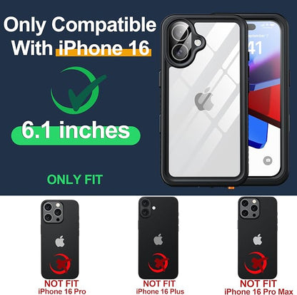 ANTSHARE for iPhone 16 Case Waterproof, IP68 Underwater Built-in Lens & Screen Protector, [Full Body Shockproof] [Dustproof] [Snowproof] Protective iPhone 16 Case 6.1'' - Black/Clear