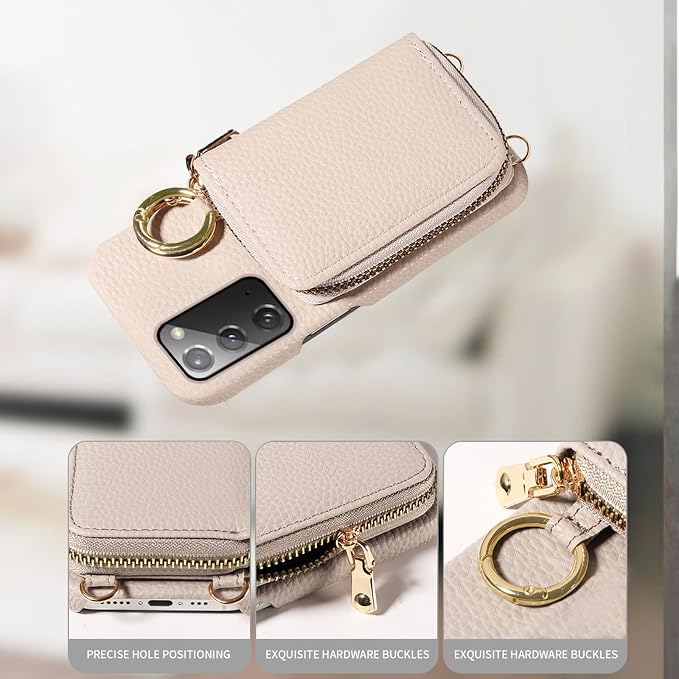 Wallet Case for Samsung Galaxy Note 20 5G with Shoulder Strap Ring Buckle, PU Leather Zipper Flip Organ Purse, Card Holder Stand Phone Cover for Note20 Notes 20s Twenty Not S20 Women Men White