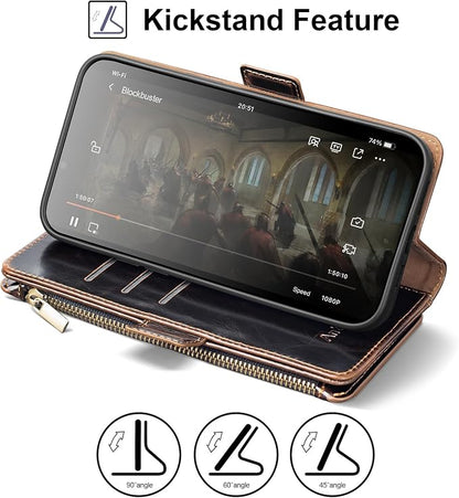 Antsturdy Compatible with iPhone 12 Wallet Case,RFID Blocking PU Leather Phone Case Women Men Flip Shockproof Protective Cover Wrist Strap Zipper Credit Card Holder Slots,for Apple 12 Pro 6.1"(Coffee)