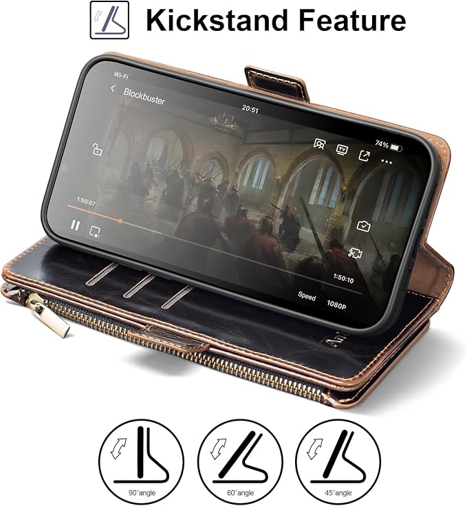 Antsturdy Compatible with iPhone 17 Pro Wallet Case Women,RFID Blocking PU Leather Phone Case Men Kickstand Flip Cover Wrist Strap Zipper Credit Card Holder Slots for Apple 17 Pro 6.3",Coffee