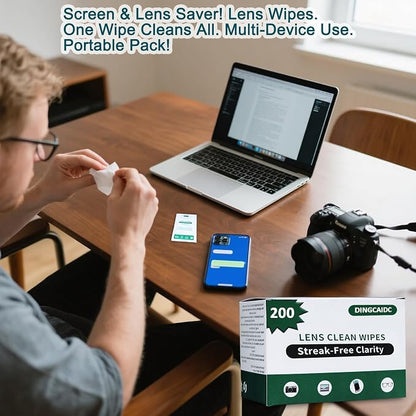 200 Count XL Lens Wipes for Eyeglasses - Extra Large Pre-Moistened Cleaning Wipes for Glasses, Sunglasses, Camera Lenses, Phone Screens - Individually Wrapped, Ammonia-Free & Streak-Free