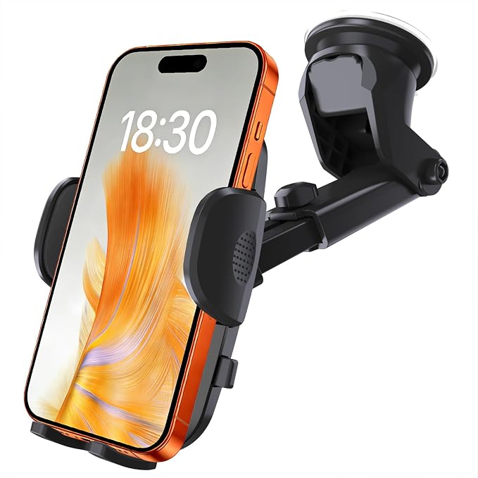 Car Phone Holder [2026 Updated Suction Cup] Long Arm 360°Rotation Phone Mount for Car Windshield Compatible with iPhone 17 Pro Max and Most Smartphones (Black)