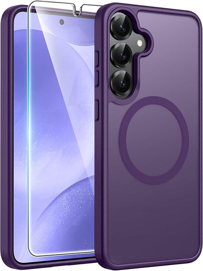 FNTCASE for Samsung Galaxy S25/S24 Case, Fit for Magsafe, Screen Protector | Translucent Matte Magnetic Back, 14FT Military Grade Drop Protection, Shockproof Protective Phone Cover, Purple