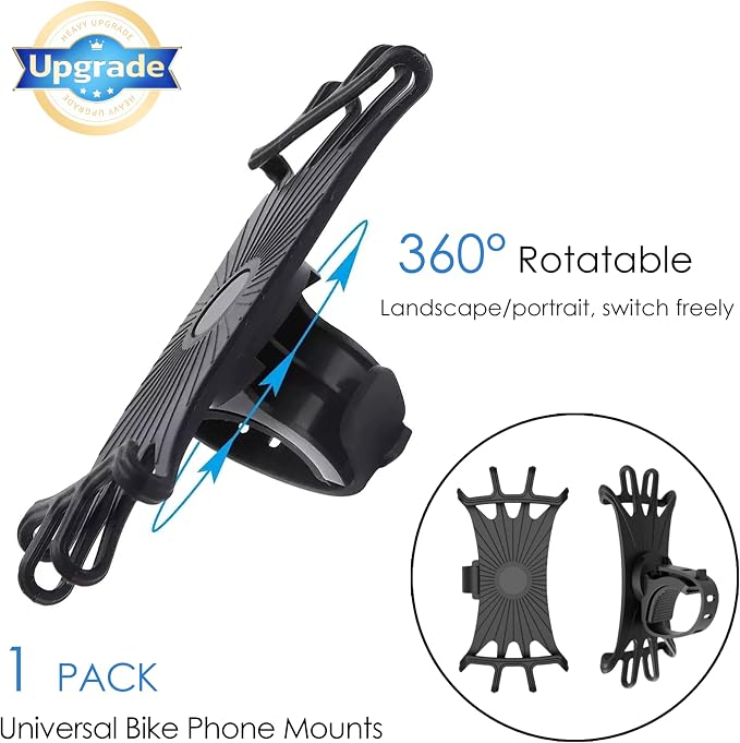 2026 Bike Phone Mount 1 Pack, 360° Rotation Silicone Phone Holders for iPhone and Samsung, for Most Smartphones and Handlebars, Upgraded Universal Bike Cell Phone Holder, Easy Install - Black