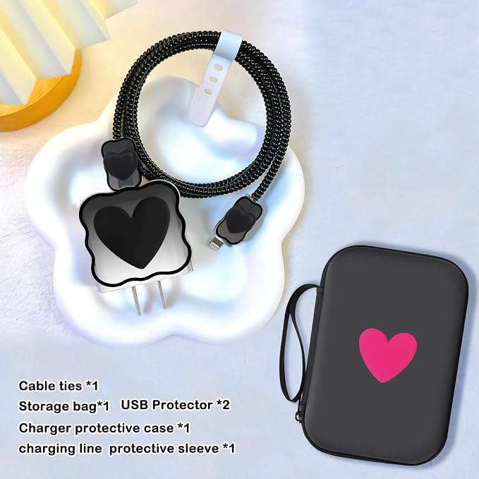 CameCosy DIY Phone Charger Case Storage Sets Cable Protector USB-C Earphone Wire Saver with Hot Pink Love Travel Storage Bag, Cute Cable Charger Protector Cord Organizer for iPhone (Black Love Heart)