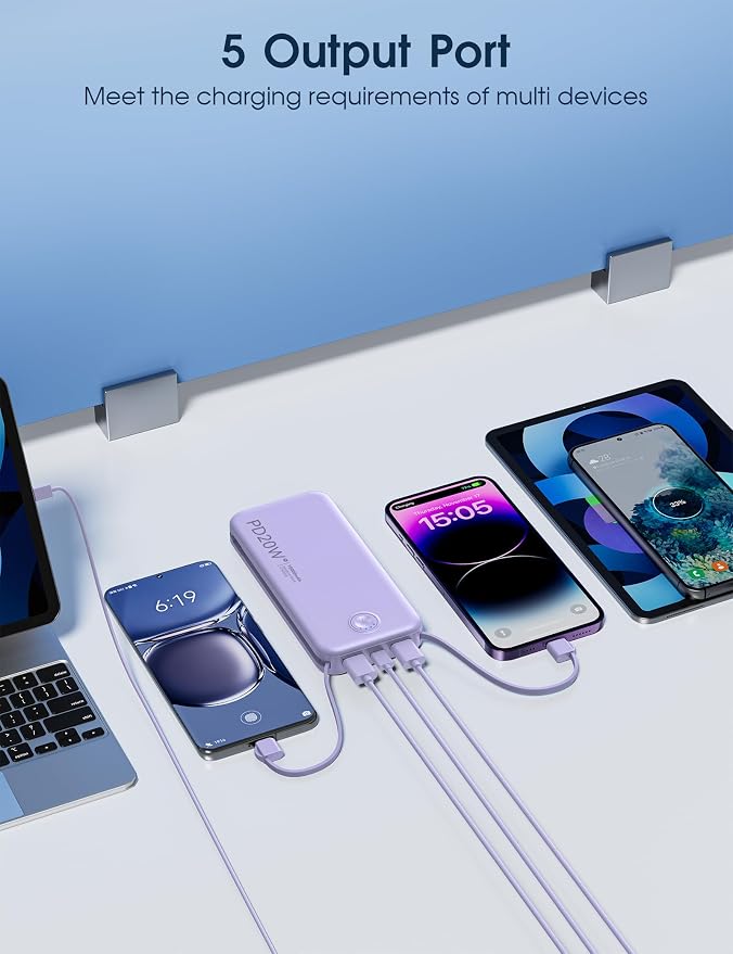 Nusyddy Portable Charger 10000mAh PD20W w/Built-in Cables & Wall Plug Purp. | PD20W Fast Charging, Battery Indicator, Pass Through Charging, TSA Approved, Compact/Slim, Power Bank for iPhone/iPad/Samsung