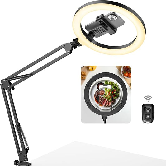 InnoGear Overhead Phone Mount with Ring Light, 10" LED Selfie Ring Light for Desk with Phone Holder and Remote Canvas Lamp Light for YouTube Live Stream Cooking Video Recording Vlog Zoom, Medium