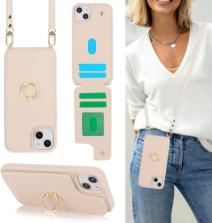 Lipvina for iPhone 14 Plus Case with Card Holder for Women,Phone Case with Strap,Crossbody Lanyard,RFID Blocking,Ring Stand,Snap Clasp,Cute Wallet Cases 6.7 inch (Beige)