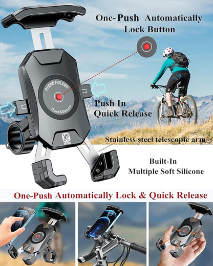 BRCOVAN Motorcycle Bike Phone Mount with Solid Aluminum Alloy Mounting Base, [1s Lock] Handlebar Cell Phone Holder for Bicycle ATV Scooter, Fit 4-7'' Smartphone