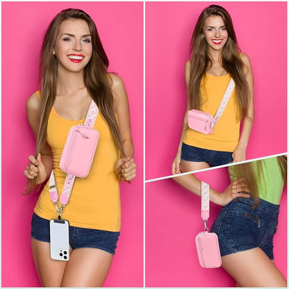 YFWE Clip and Go Strap for Phone with Wallet Crossbody, Adjustable Phone Lanyard with Detachable RFID Wristlet Wallet, Pattern Strap - Pink(L)