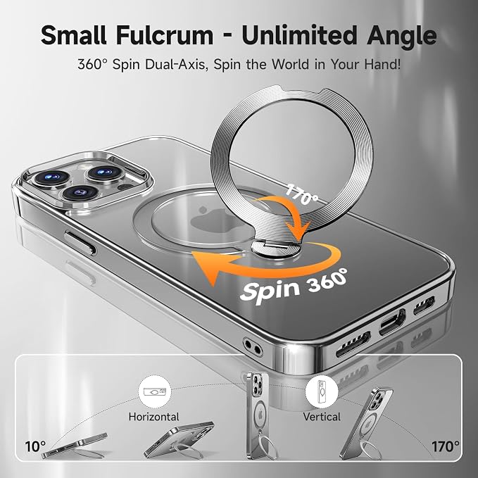 [Tri-Shield Protection] for iPhone 15 Pro Case with 360° Spin Stand Compatible with MagSafe [Magnetic CD Ring][Screen & Camera Lens Protector] Shockproof Plating Never-Yellowing, Natural Titanium-6.1"