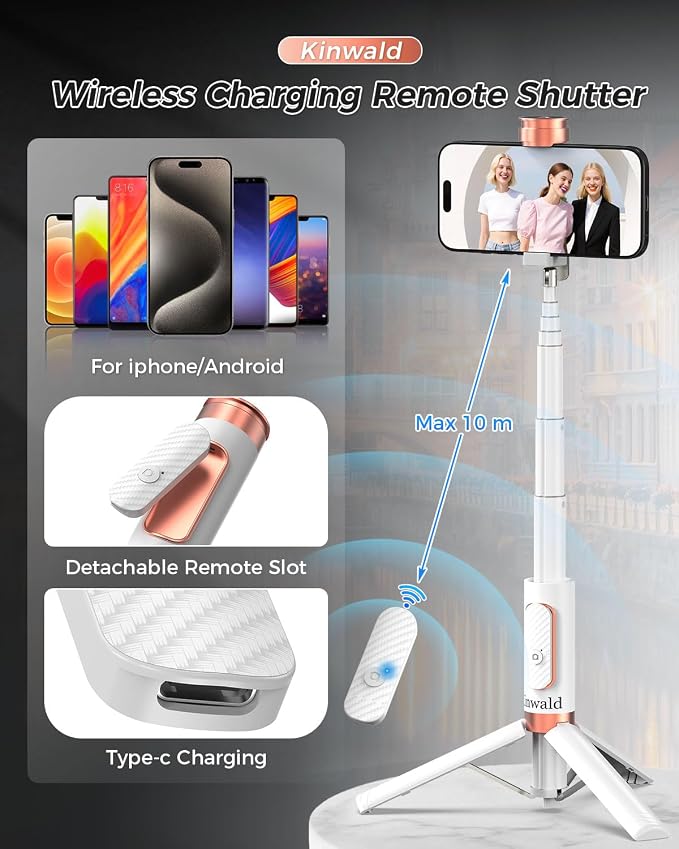 Selfie Stick Tripod for iPhone & Android – Portable Phone Tripod Stand with Bluetooth Remote, One-Click Open, Compact & Lightweight for Vlogging, Travel & Everyday Use(White)